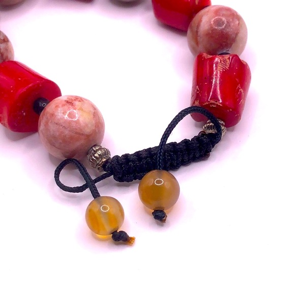 Boho Red Coral Polished Garnet Gemstone Bead Bracelet Adjustable - Picture 2 of 7